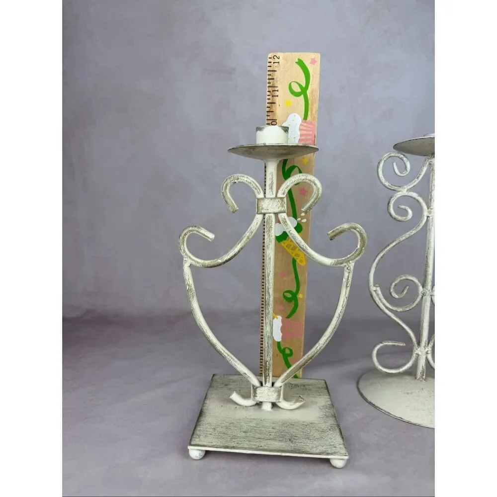 Vintage 90s Ivory Iron Candlestick Holders Scroll Cottagecore Shabby Chic Set of